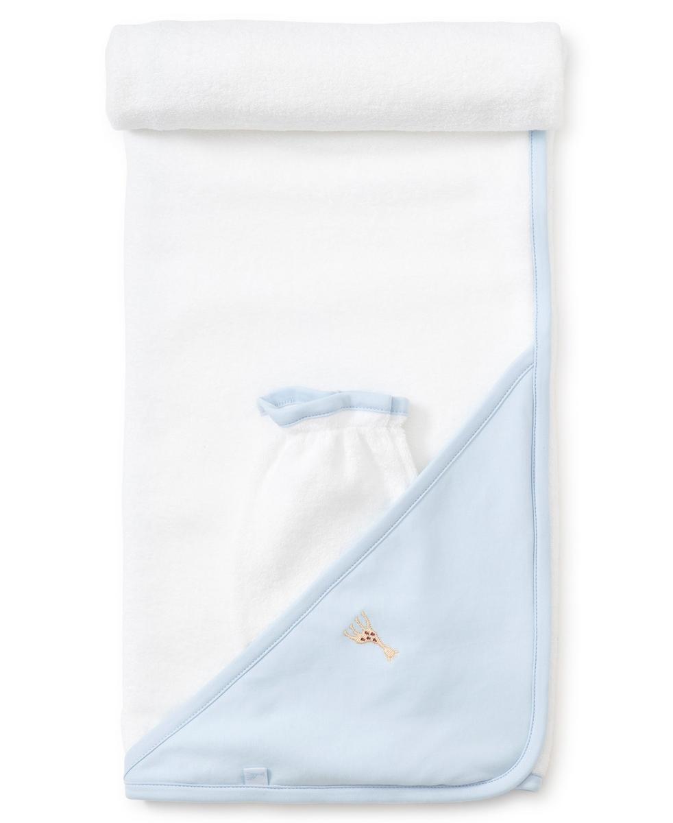 Kissy Kissy white hooded baby towel with light blue trim and giraffe embroidery