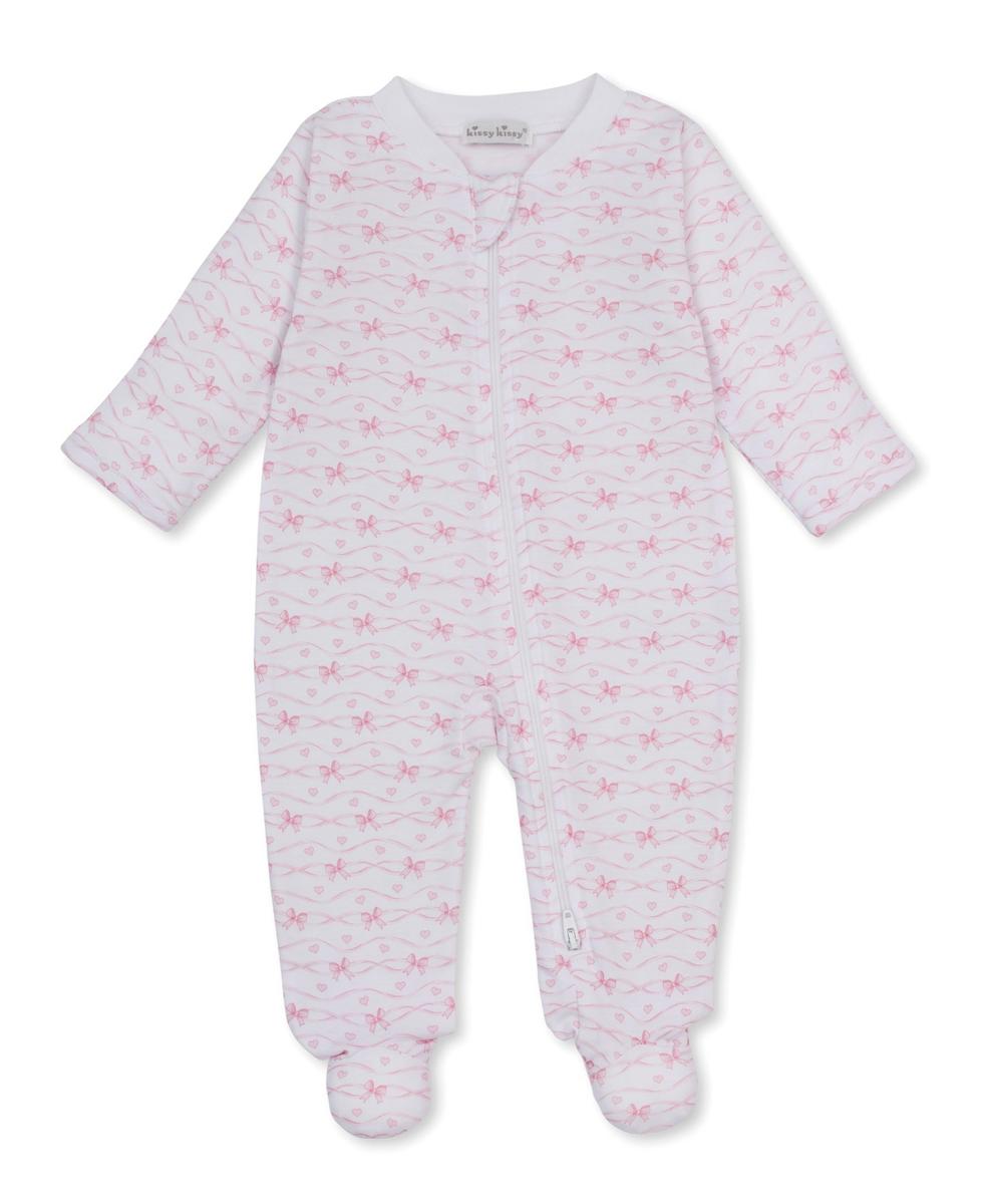 Kissy Kissy white footed sleeper with pink bow and wavy line print