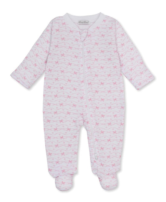 Kissy Kissy white footed sleeper with pink bow and wavy line print