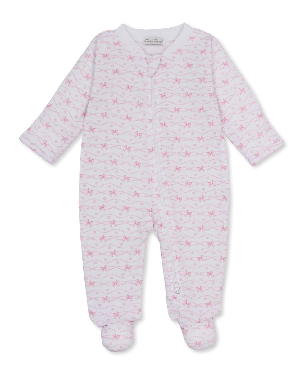 Kissy Kissy white footed sleeper with pink wavy lines and bow print