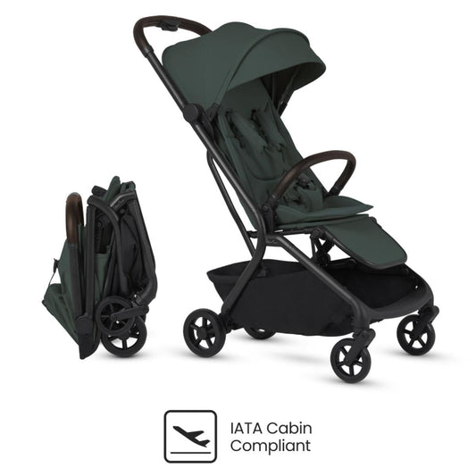 Dark green compact travel stroller by Silver Cross, shown unfolded and folded, with black frame, canopy, and wheels, IATA cabin compliant.