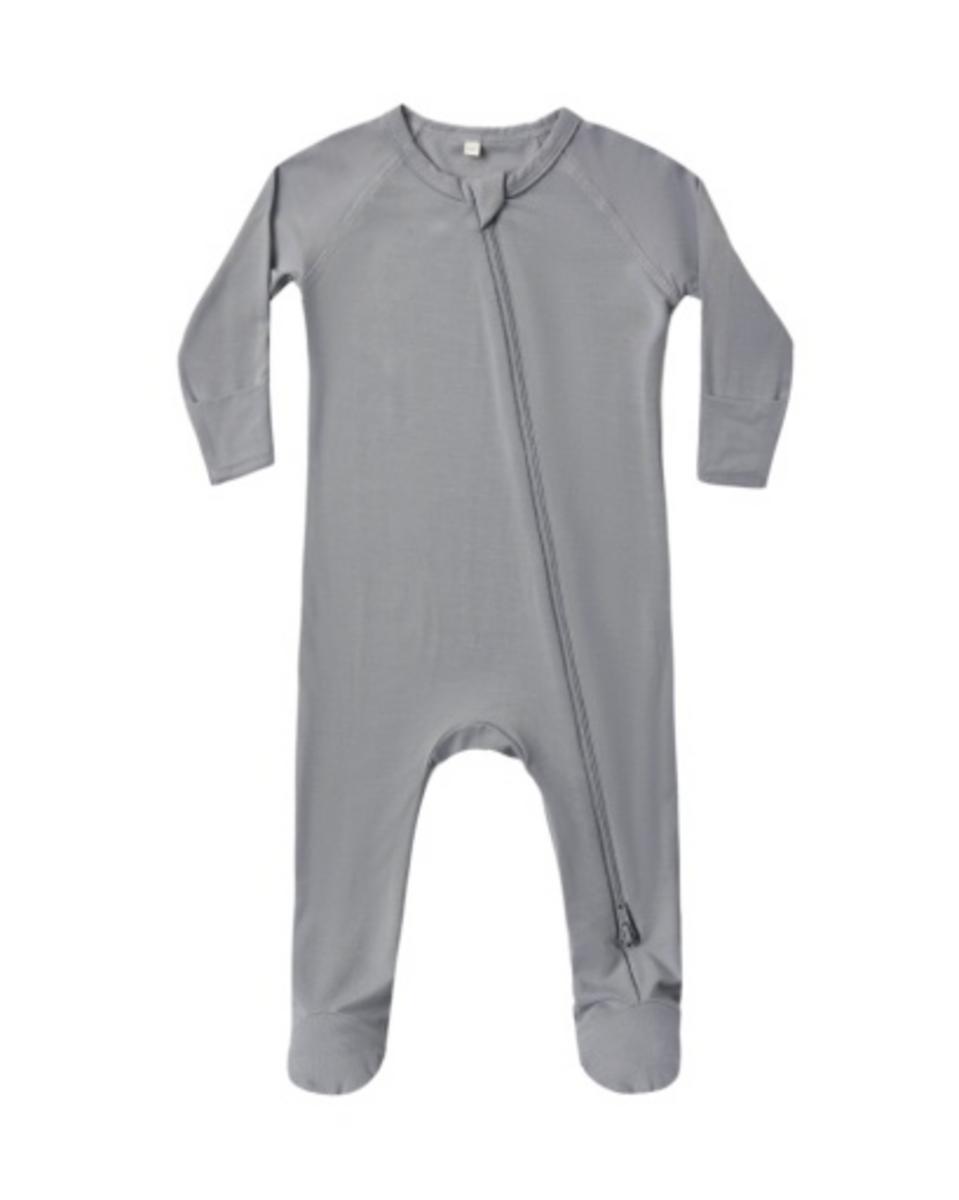 Grey long sleeve baby footie sleeper with diagonal zipper