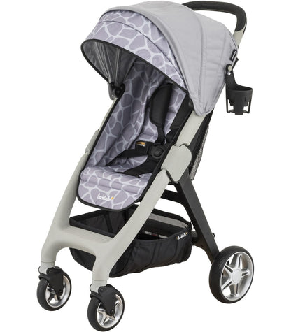 Nightcliff Stone compact stroller by Larktale with giraffe-patterned canopy and seat, gray frame, black accents, and silver wheels, front three-quarter view