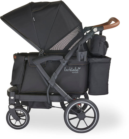 Black single-to-double stroller wagon by Larktale with adjustable canopy, wooden handle, and multi-position wheels, shown in side view transformation.