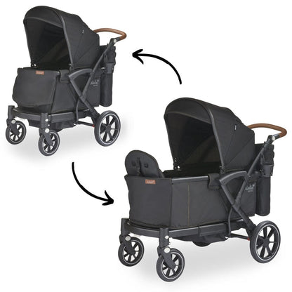 Black single-to-double stroller wagon by Larktale with adjustable canopy, wooden handle, and multi-position wheels, shown in side view transformation.