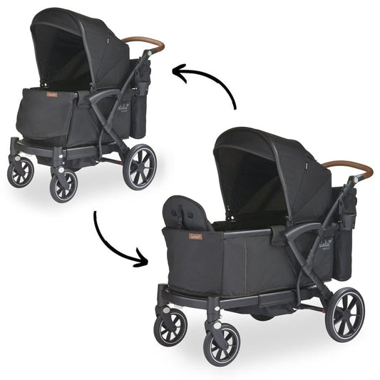 Black single-to-double stroller wagon by Larktale with adjustable canopy, wooden handle, and multi-position wheels, shown in side view transformation.
