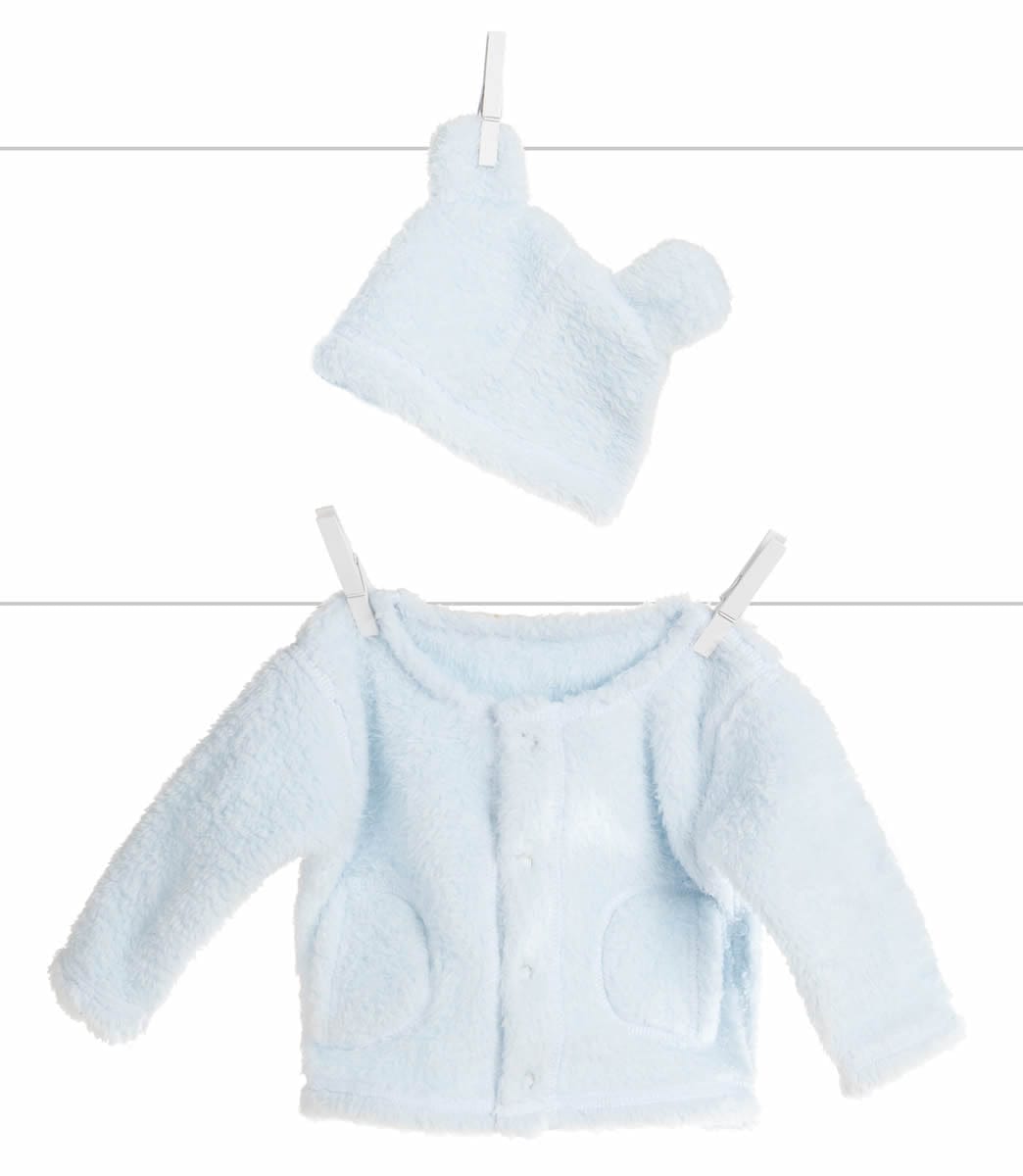 Little Giraffe Warm & Fuzzy Cardigan + Cap in Blue, 3-6 Months in Blue - CHTCDH3BL