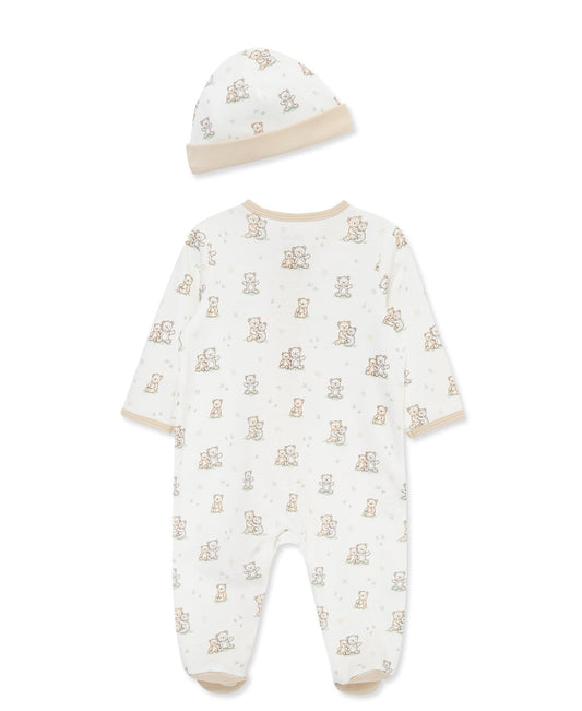 Little Me Fuzzy Bears 2-Way-Zip Footed One-Piece and Hat - White Print, 3M