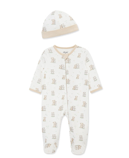 Little Me Fuzzy Bears 2-Way-Zip Footed One-Piece and Hat - White Print, 3M
