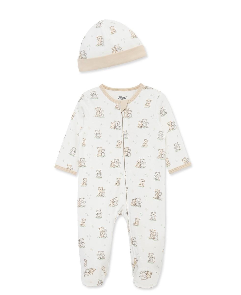 Little Me white footed sleeper and matching hat with teddy bear print