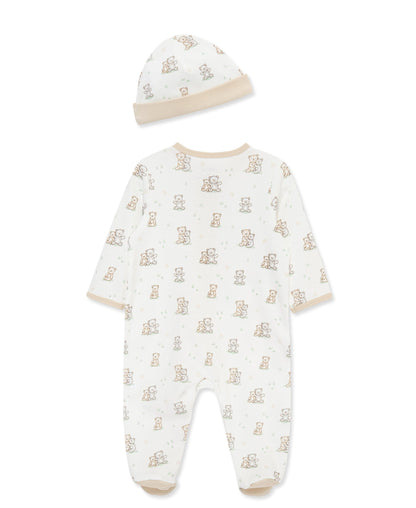 Little Me Fuzzy Bears 2-Way-Zip Footed One-Piece and Hat - White Print, NB