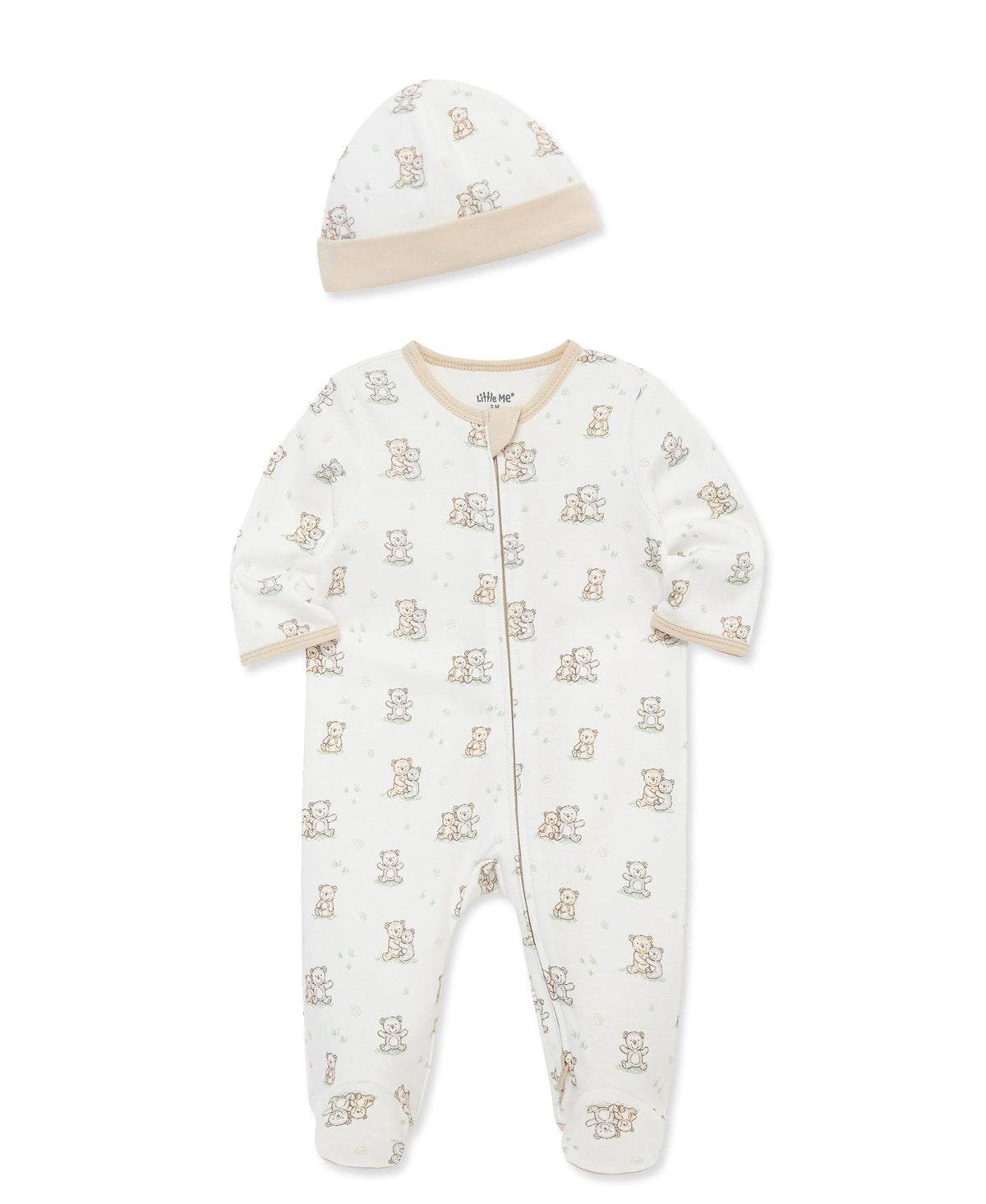 Little Me Fuzzy Bears 2-Way-Zip Footed One-Piece and Hat - White Print, NB