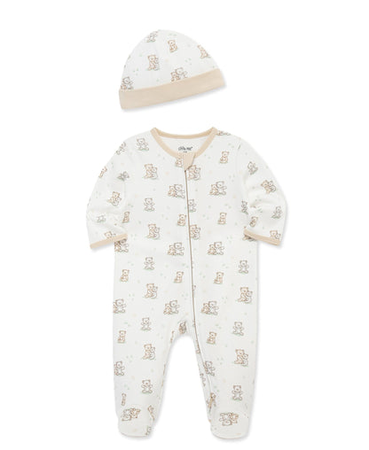 Little Me Fuzzy Bears 2-Way-Zip Footed One-Piece and Hat - White Print, NB