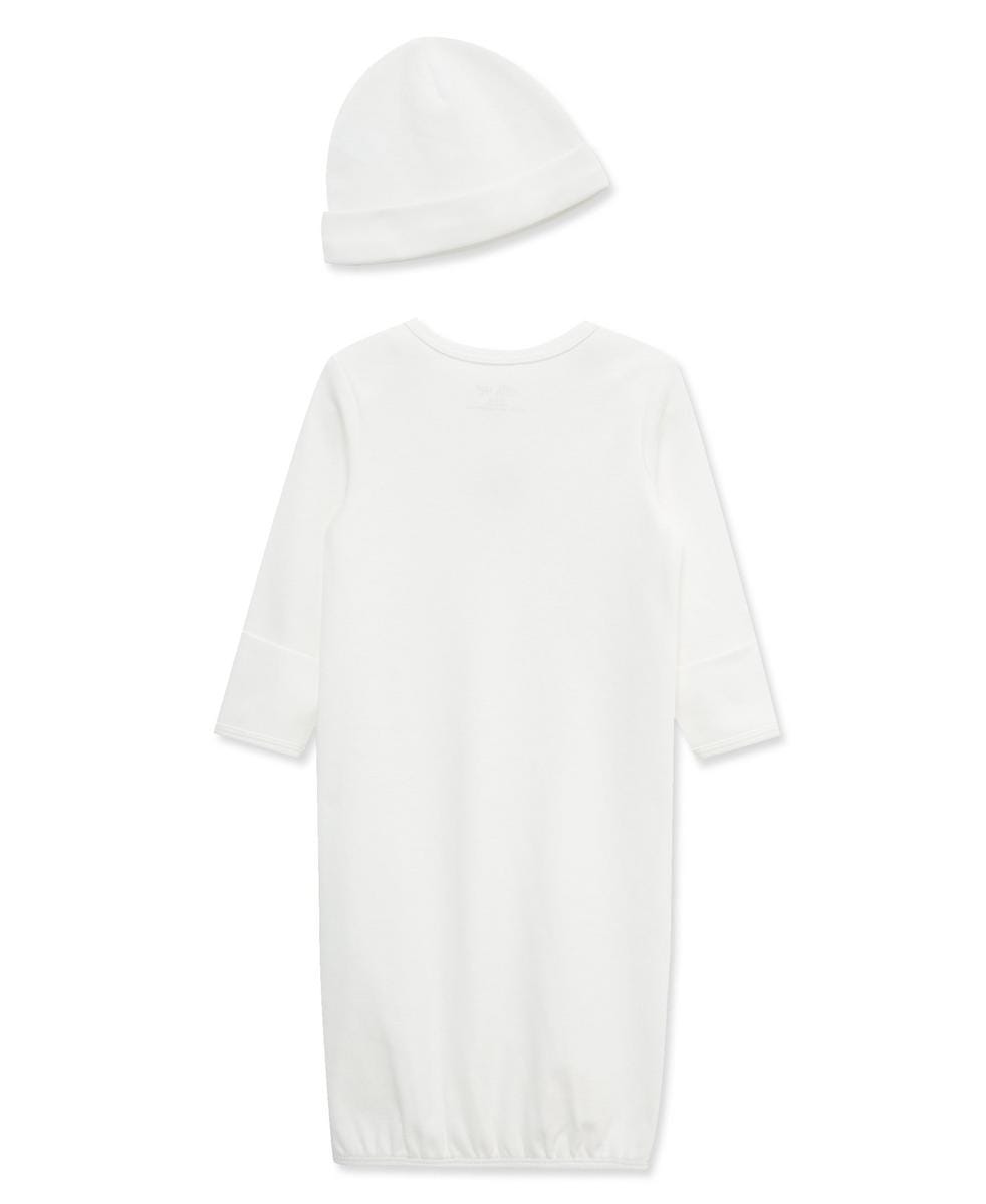 Little Me white baby gown and matching beanie hat