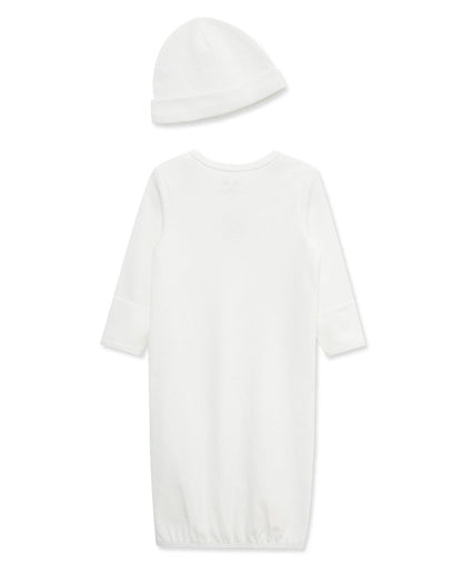 Little Me white baby gown and matching beanie hat