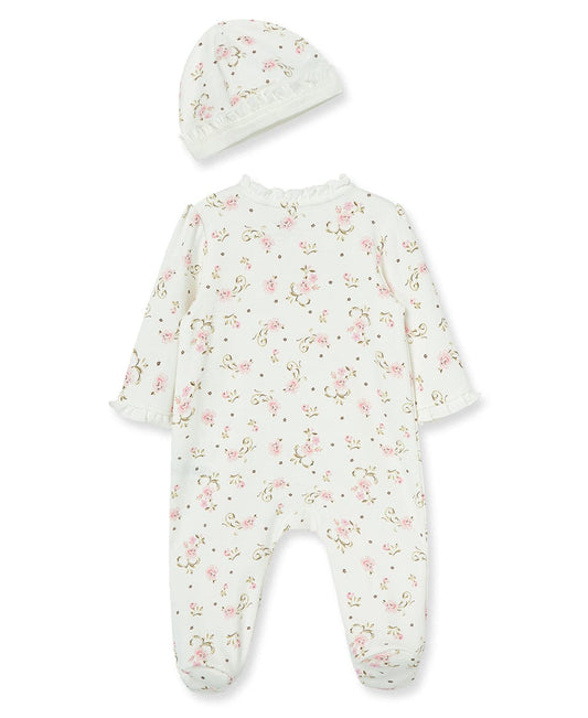 Little Me Vintage Rose Footed One-Piece And Hat - Ivory Print, NB
