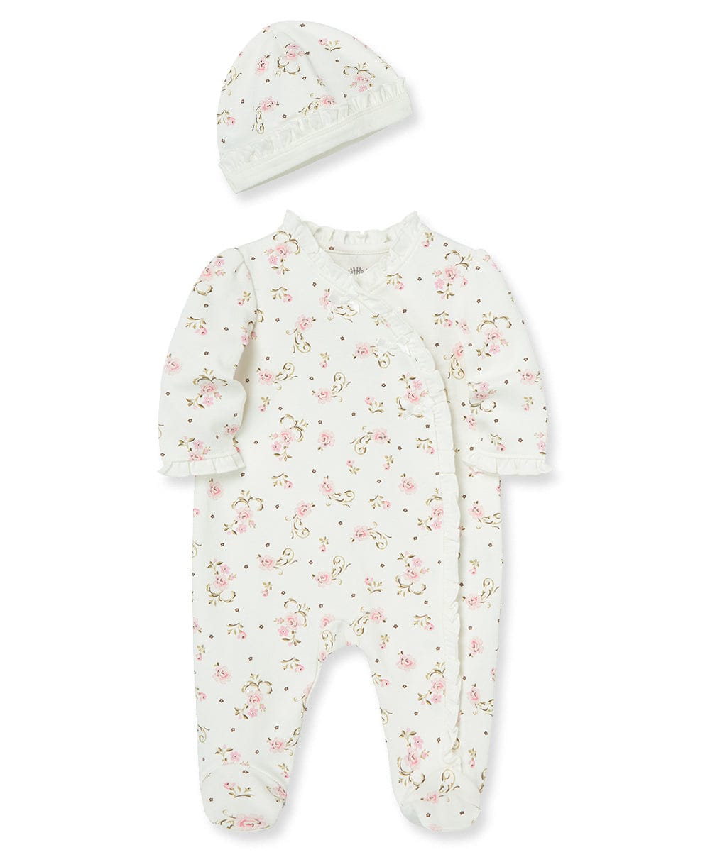 Little Me Vintage Rose Footed One-Piece And Hat - Ivory Print, Preemie