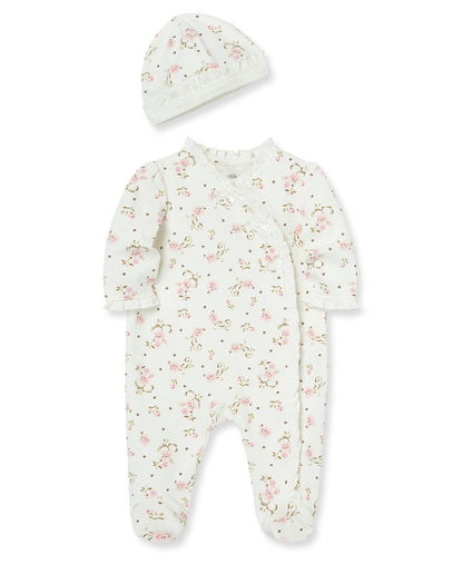 Little Me Vintage Rose Footed One-Piece And Hat - Ivory Print, Preemie