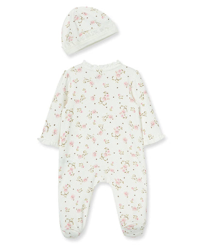Little Me Vintage Rose Footed One-Piece And Hat - Ivory Print, Preemie