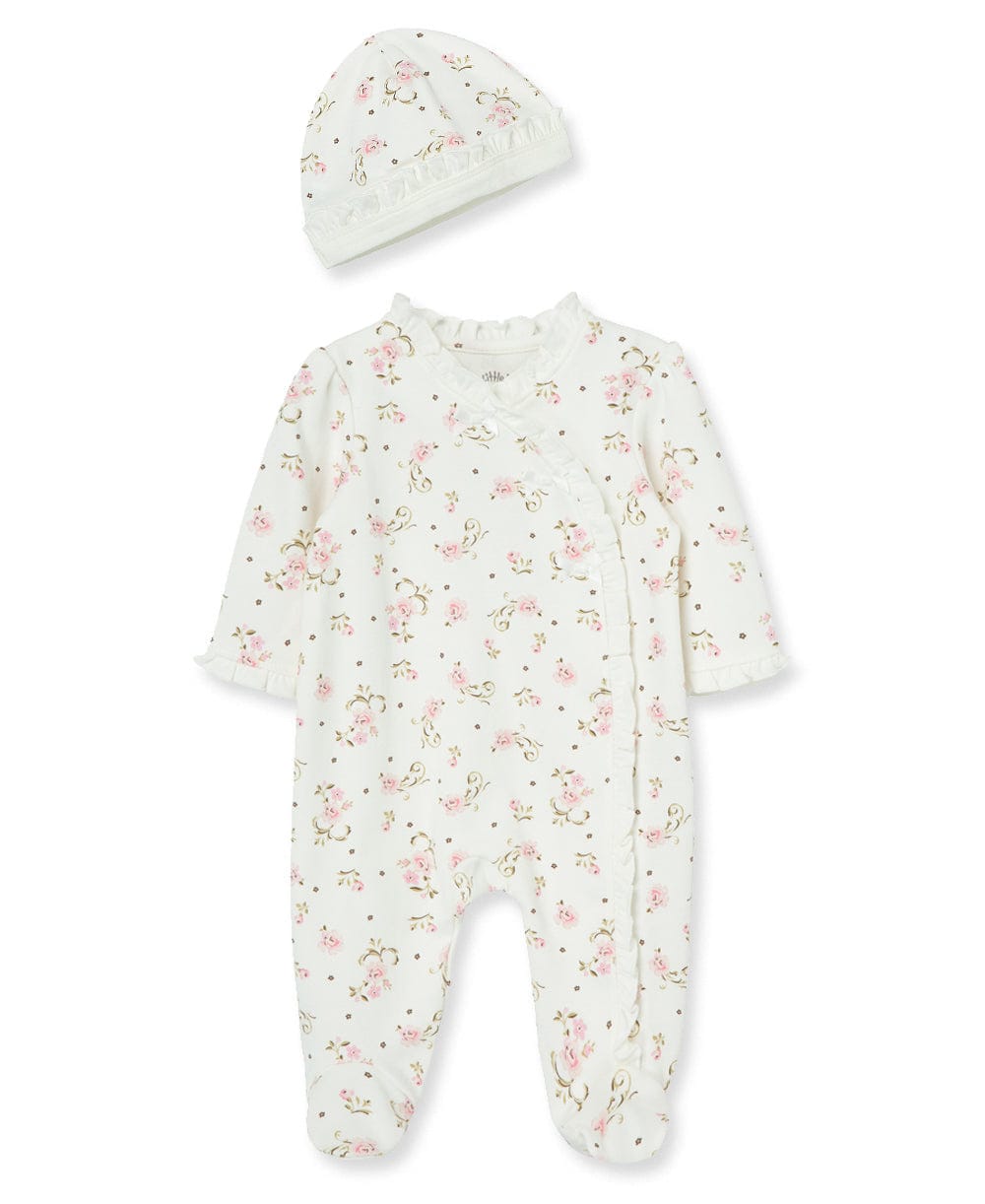 Little Me Vintage Rose Footed One-Piece And Hat - Ivory Print, Preemie