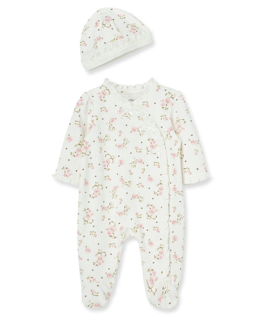 Little Me Vintage Rose Footed One-Piece And Hat - Ivory Print, Preemie