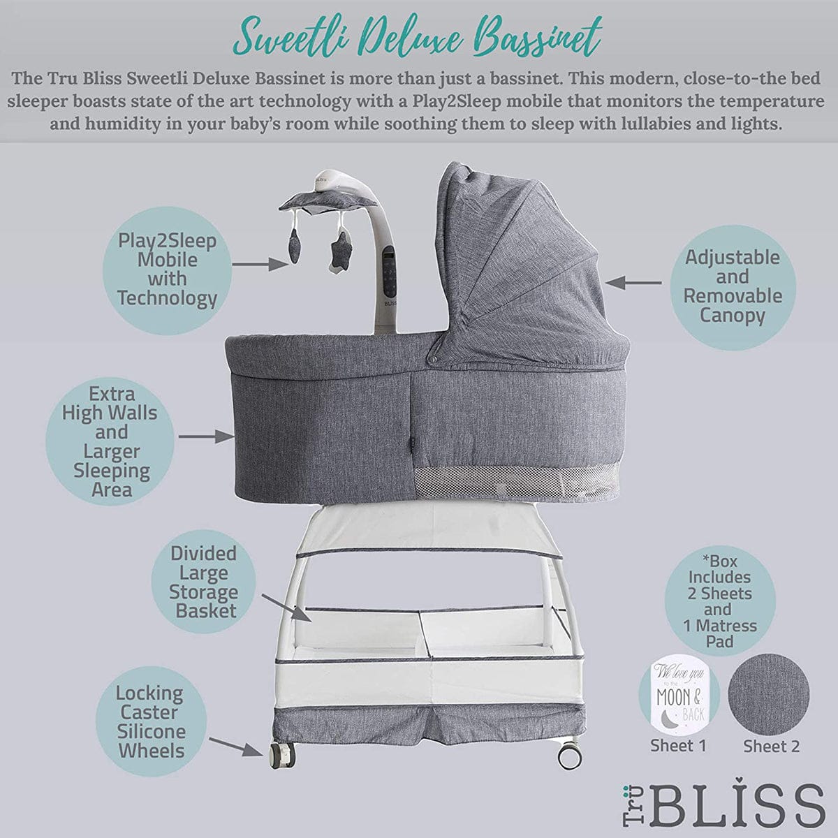 TruBliss Deluxe Bassinet - Stonewash - BA302-STW