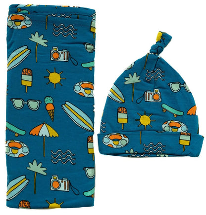Little Sleepies Bamboo Viscose Swaddle + Hat Set - Surf's Up - LS-SWH-BSUMM