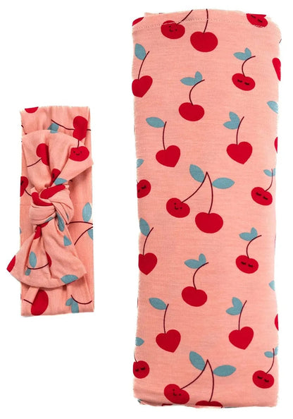 Little Sleepies Bamboo Viscose Swaddle + Headband Set - Cherry on Top - LS-SWHB-CHERR