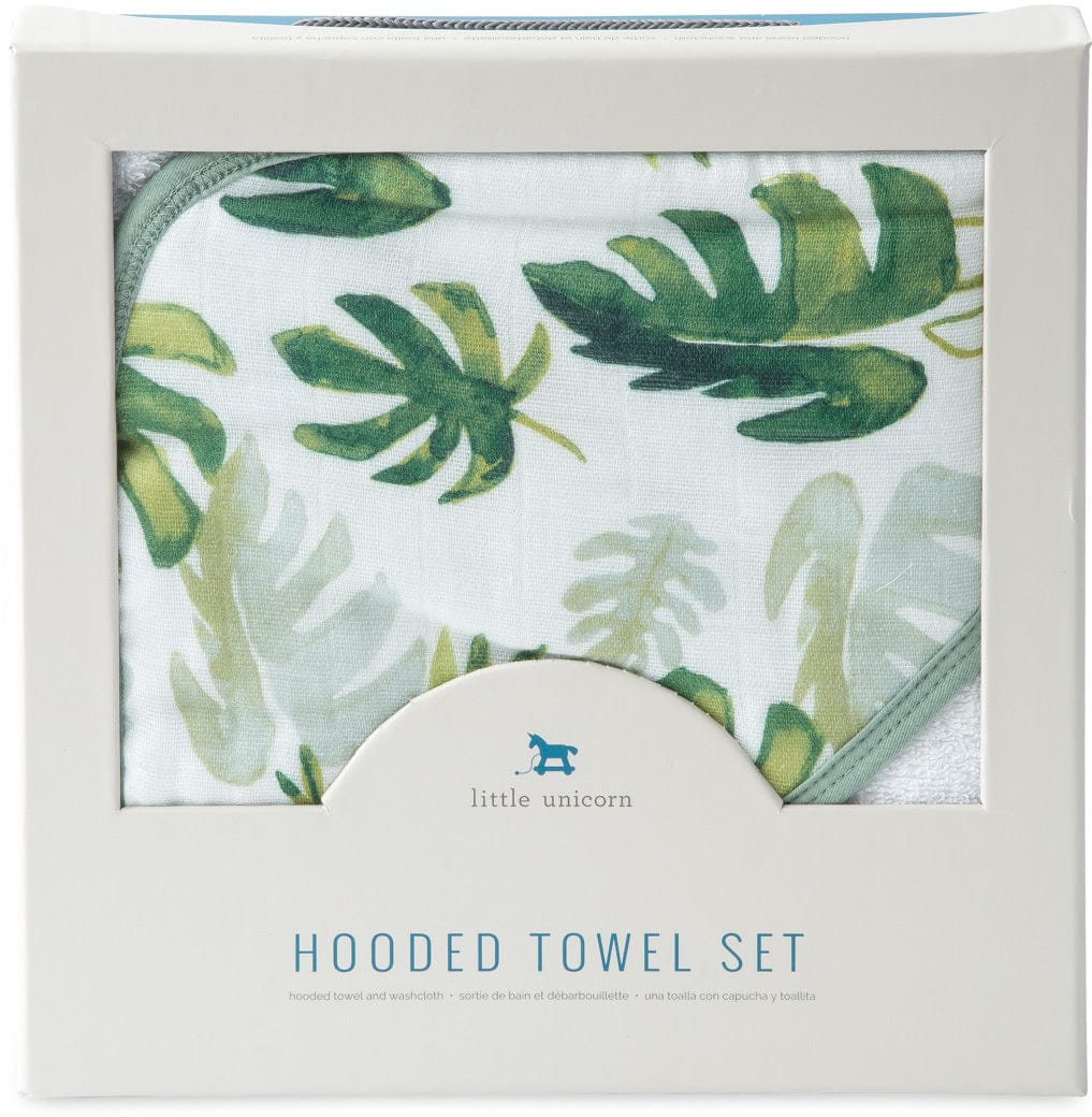 Little Unicorn Cotton Hooded Towel & Washcloth - Tropical Leaf - UH0024