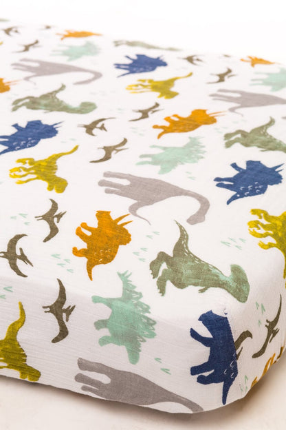 Little Unicorn Cotton Muslin Fitted Sheet - Dino Friends - UN0011