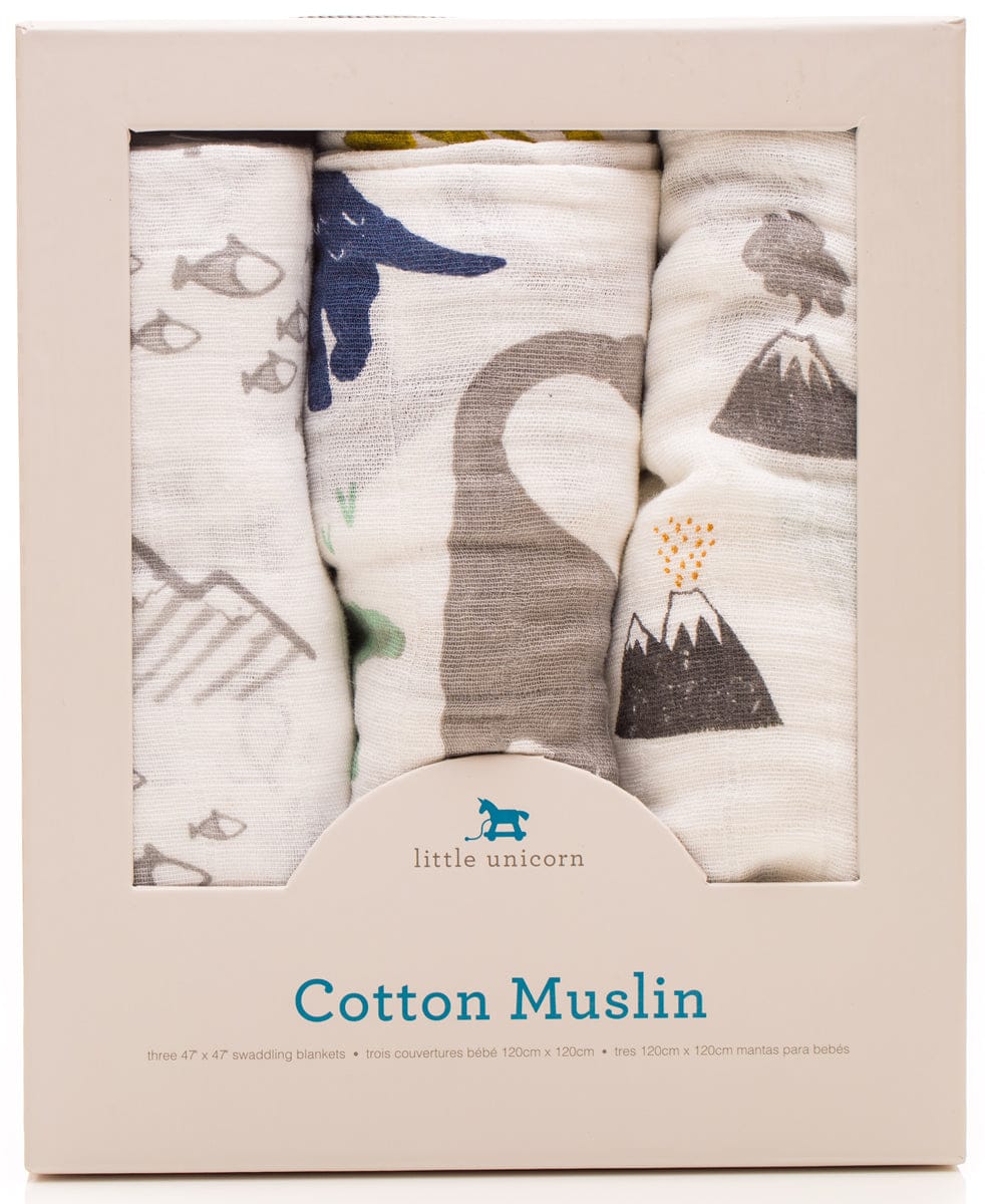 Little Unicorn Cotton Muslin Swaddle 3-Pack - Dino Friends - UB0013