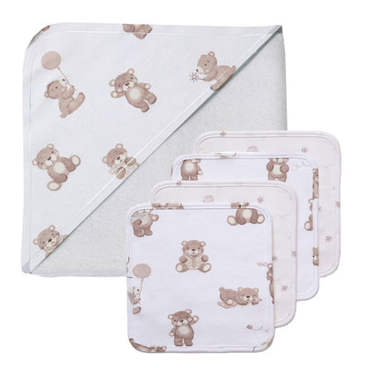 Living Textiles hooded towel and washcloth set with brown teddy bear print on white fabric