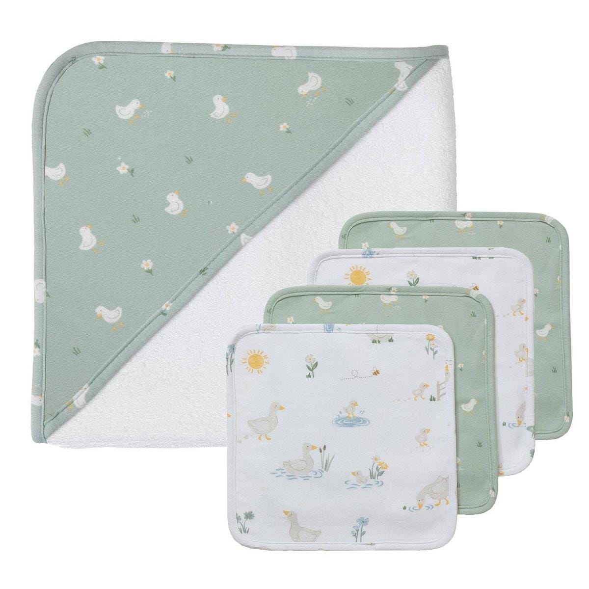 Living Textiles hooded towel and four washcloths with duck and floral print