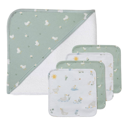 Living Textiles hooded towel and four washcloths with duck and floral print