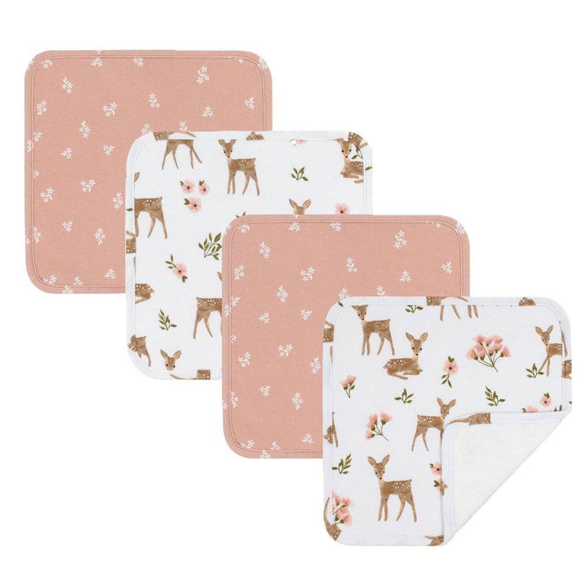 Living Textiles set of four baby washcloths with deer and floral patterns in pink and white