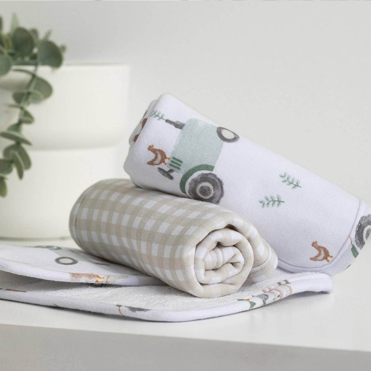 Living Textiles baby washcloths with tractor print and beige gingham pattern