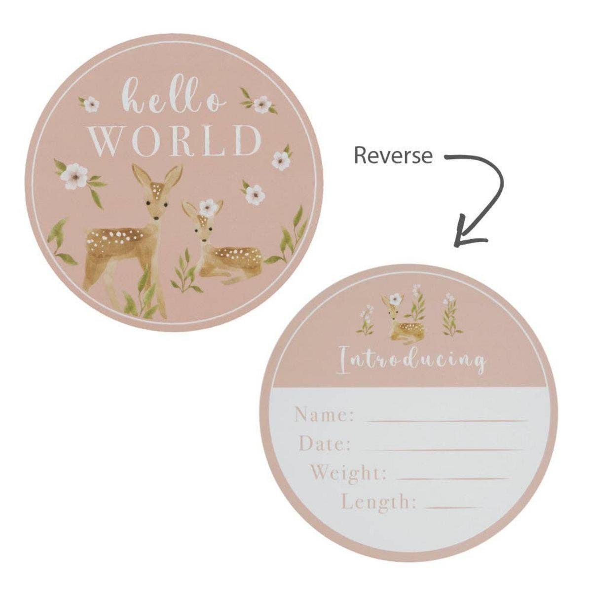 Living Textiles round baby milestone card with deer illustration and space for birth details