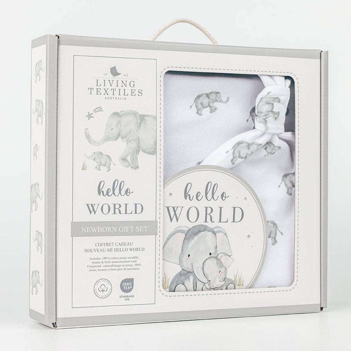 Living Textiles Hello World newborn gift set with elephant print swaddle and beanie in box