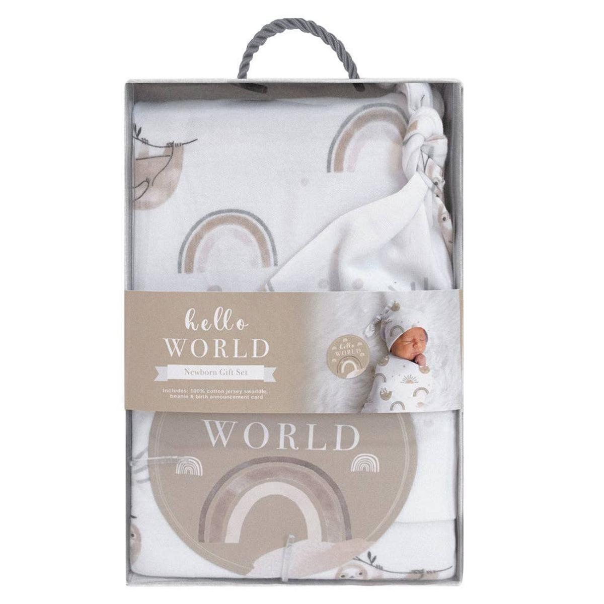 Living Textiles Hello World newborn gift set with rainbow patterned swaddle and beanie in a box
