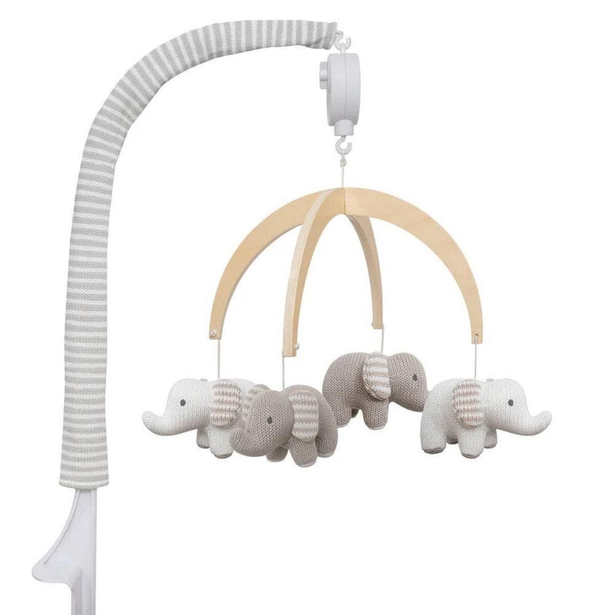 Living Textiles musical cot mobile with knitted elephant figures on a wooden frame