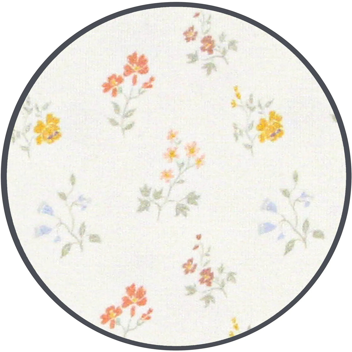 Lou Lou and Company fabric swatch with small orange yellow and blue floral print on white background