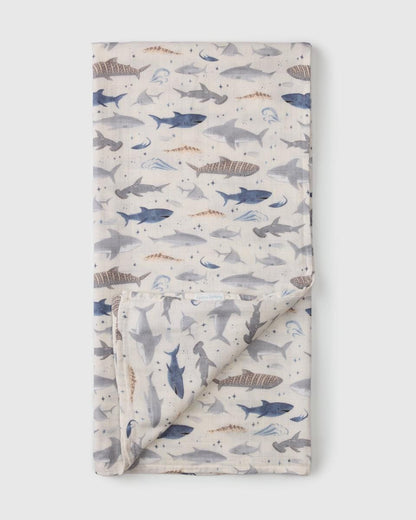 Loulou Lollipop Baby Muslin Swaddle in Tanboocel® Viscose from Bamboo - Smiley Sharks