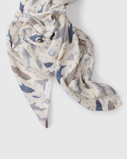 Loulou Lollipop Baby Muslin Swaddle in Tanboocel® Viscose from Bamboo - Smiley Sharks - Image 2