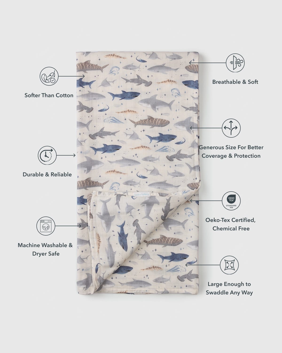 Loulou Lollipop Baby Muslin Swaddle in Tanboocel® Viscose from Bamboo - Smiley Sharks - Image 3