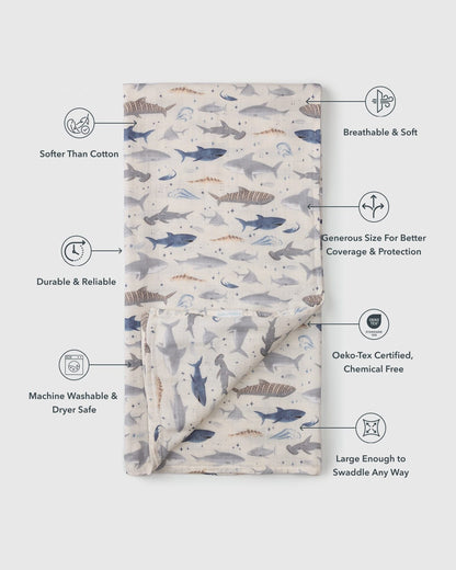 Loulou Lollipop Baby Muslin Swaddle in Tanboocel® Viscose from Bamboo - Smiley Sharks - Image 3