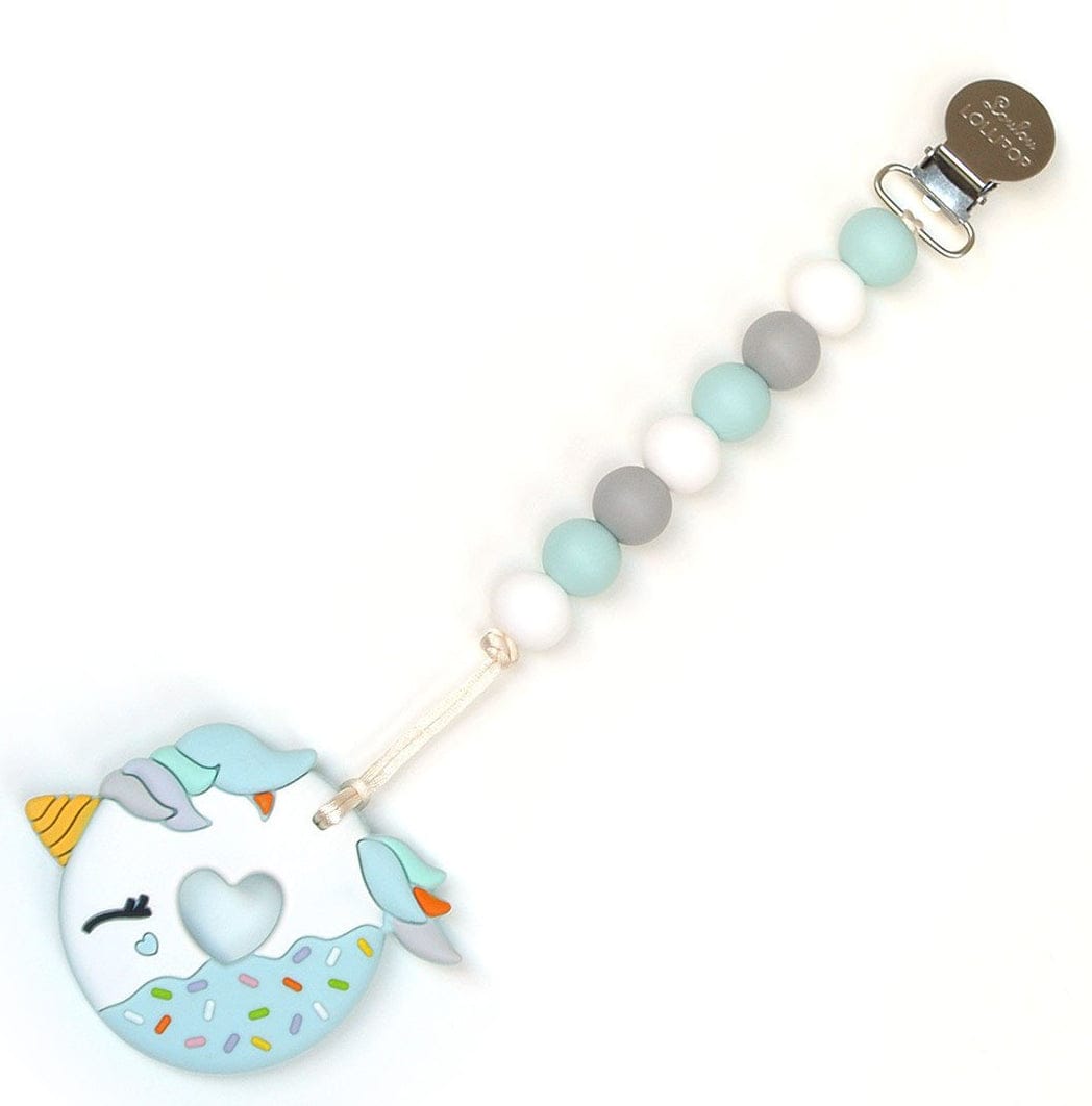 Loulou Lollipop Blue Unicorn Donut Silicone Teether Holder Set - Blue Gray - BLUE-UNICORN-DONUT