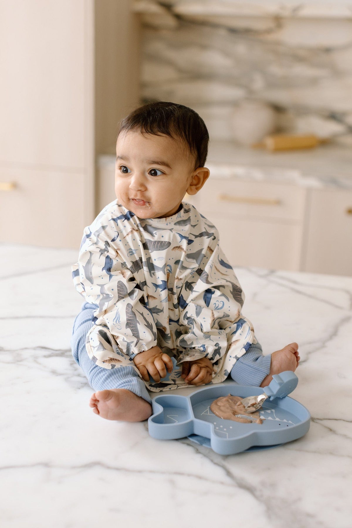 Loulou Lollipop Long Sleeve Bib - Smiley Sharks - Image 2