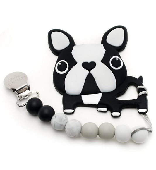 Loulou Lollipop Silicone Teether with Clip - Boston Terrier/Black - DOGBLKSET
