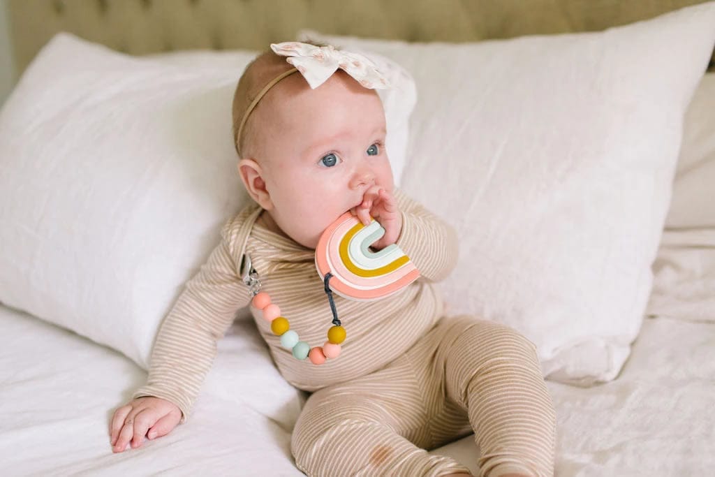 Loulou Lollipop Silicone Teether with Clip - Pastel Rainbow - RBPSTLSET