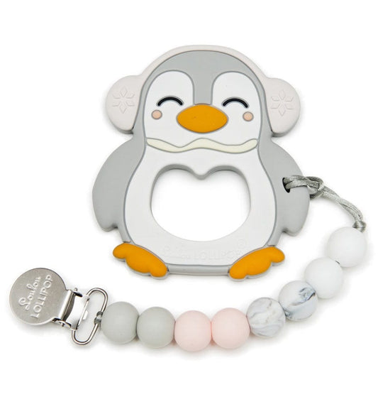 Loulou Lollipop Silicone Teether with Clip - Penguin - PENGRYSET